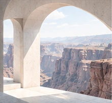 Blick durch eine helle architektonische Öffnung in einen Canyon