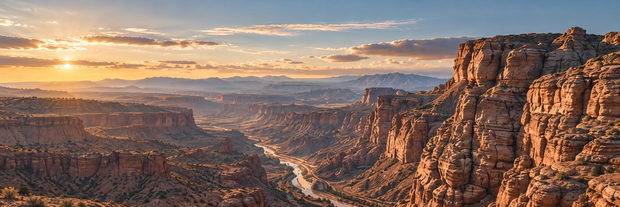Weite Canyonlandschaft mit einem Fluss im Tal