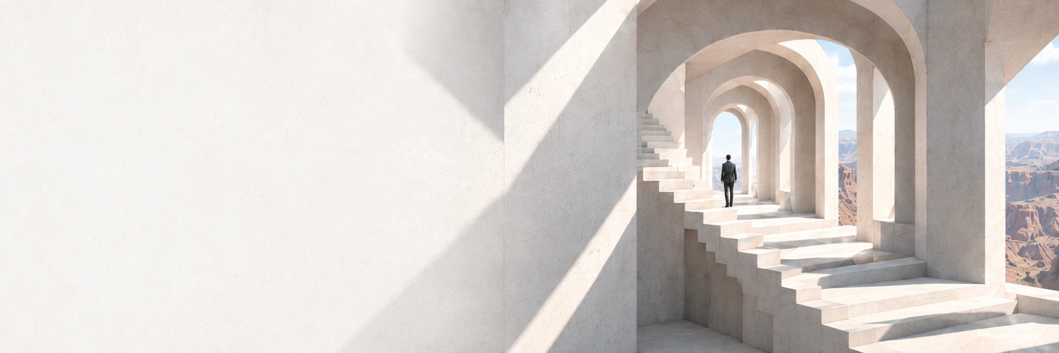 Helle Bogenarchitektur mit einer Person und Canyon im Hintergrund